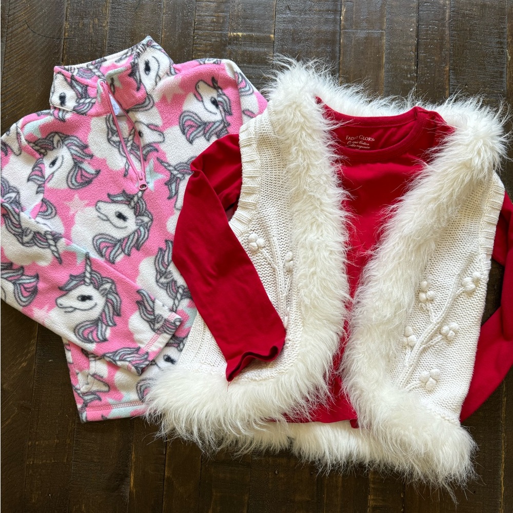 Girls 5/6 Unicorn Pullover and Christmas Top
